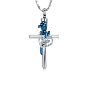 Ashanger Zilverkleurig Kruis Blauw Roosje